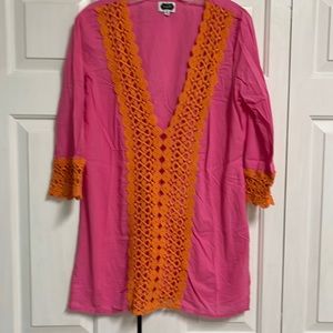 Mud Pie Pink With Orange Cotton Lace Detail coverup Size M